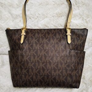 Michael Kors Brown Monogram Tote with Cream Handles